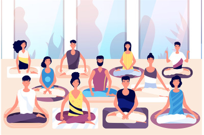 Meditation group. People sit in lotus posture and meditate against pan