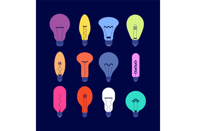 Various light bulbs. Creative idea colourful bulbs, minimal lamps vect