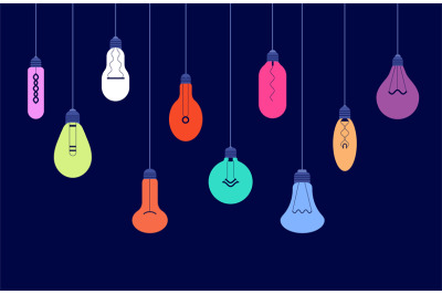 Hanging light bulbs. Creative ideas and lighting energy technology con