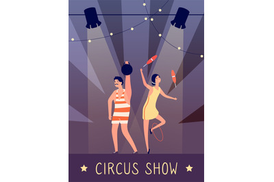 Circus show background. Strongman and juggler in spotlights on stage r