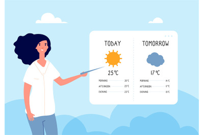 Weather forecast concept. Woman forecasting weather in tv news. Vector