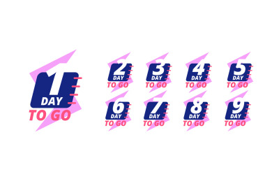 Days to go badges. Countdown sale labels with day left numbers. Produc