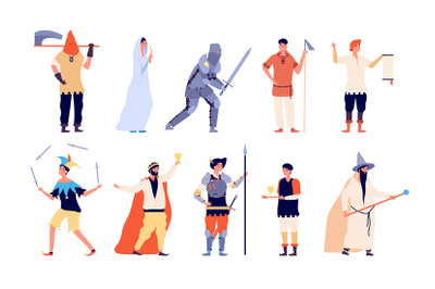 Medieval characters. Fairy and knight, peasant and executioner, wizard