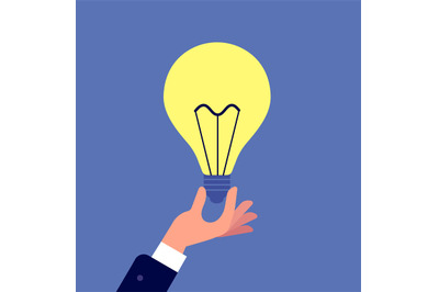 Hand with light bulb. Businessman holding glowing lamp. Creative idea