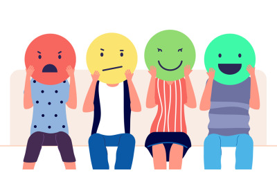 Customer feedback. People holding emoticons with different emotion. Cl