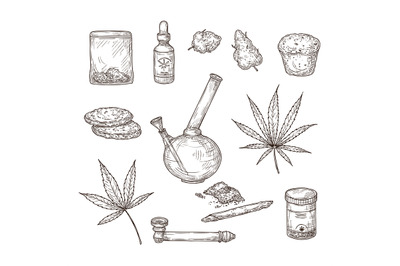 Sketch cannabis. Medical marijuana leaves&2C; weed joint and bong&2C; cbd oi