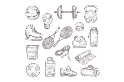 Sketch sports equipment. Ball, dumbbell and tennis rackets, boxing glo