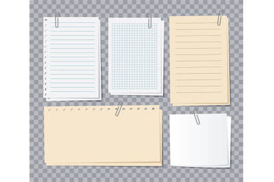 Note papers sheets. Different notepaper with paper clips, memo sticker