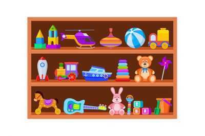 Kid toys on shelves. Children toy on wooden shop shelf in playroom. Ca