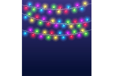 Light garlands background. Christmas party glowing color lamps, winter