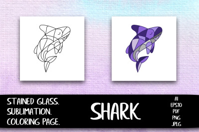 Stained Glass Shark Sublimation PNG. Coloring Page.