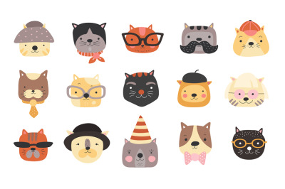 Cat heads. Cute cats muzzles with accessories&2C; glasses and hats&2C; bow t