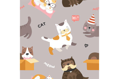 Cat pattern. Cute kittens&2C; funny playful pets seamless vector childish