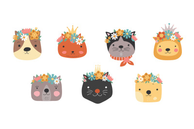 Cat heads with flower crown. Cute cats in floral wreath and princess c