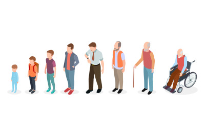 Man generations. Isometric adult, vector male characters, kids, boy, o