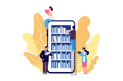 Online library. People reading books. Vector smartphone with reader ap