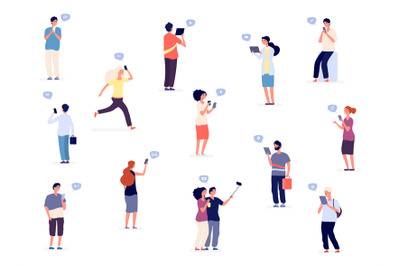 People with phones. Vector flat characters, group of people, teenagers