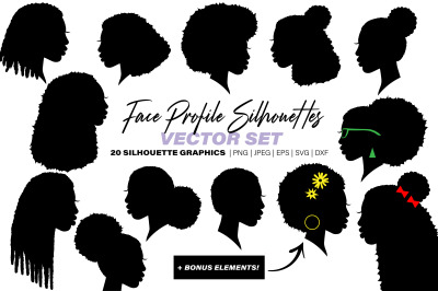 Face Profile Silhouettes, Black Girl Silhouettes with Kinky Curly Hair