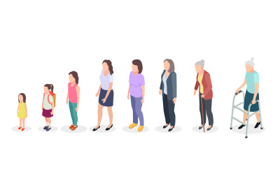 Woman generations. Isometric adult, vector female characters kids girl