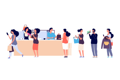 Shopping people queue. Fashion store cash desk vector illustration. Fl