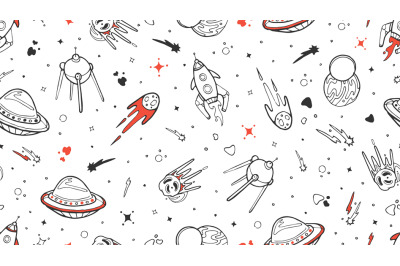 Space pattern. Vector kids seamless texture with doodle rocket, planet