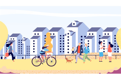 Autumn city street. Happy people in new district vector illustration.