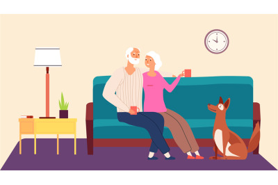 Elderly couple. Hygge family evening vector concept. Old man woman dog