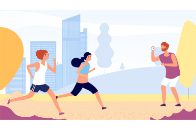 Running training. Female running competition vector concept. Flat wome