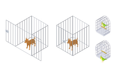 Animals in cages. Isometric dog bird inside and outside cage. Pet care