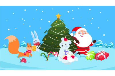 Christmas background. Funny snow animals, christmas tree, Santa cartoo