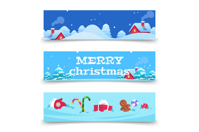 Christmas banners. Vector x-mas background with snow, houses, sweets.