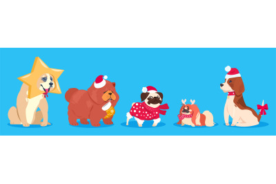 Christmas dogs. Winter vector animals. Cute cartoon dogs in santa hat,