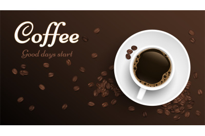 Coffee top view cup. Realistic cup and coffee beans banner template. V