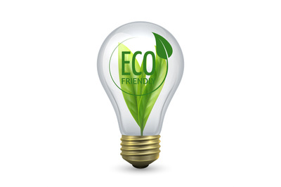 Eco friendly light bulb. Glass bulb with green leaf inside. Vector lam