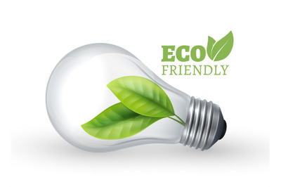 Eco light bulb. Eco friendly glass bulb with green leaf inside. Vector