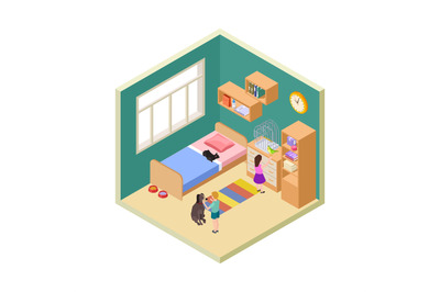 Kids and pets. Girl&2C; boy with cat&2C; dog and bird. Isometric kids room i