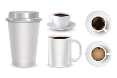 Realistic coffee cups. Top view mug cup take away coffee vector collec