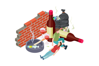 Bad habits. Isometric addictions concept. Vector people with addiction