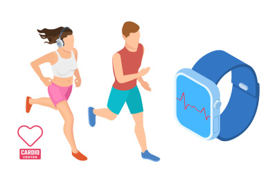 Cardio workout concept. Isometric runners monitoring heart activity. S