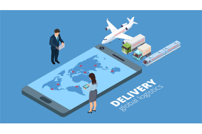 Delivery global logistics. Delivery strategy concept. Isometric busine