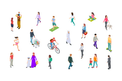 Different people. Isometric persons, kids, men, women. 3d vector activ