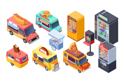 Fast food sale. Isometric vending machine, street food trucks and cart