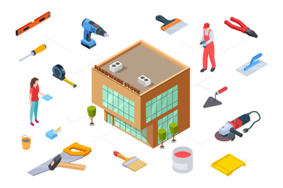 Hardware store concept. Construction supplies isometric collection. Ve