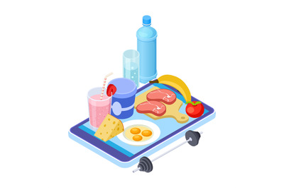 Healthy diet app. Isometric mobile diet consultant. Fruits, meat, wate