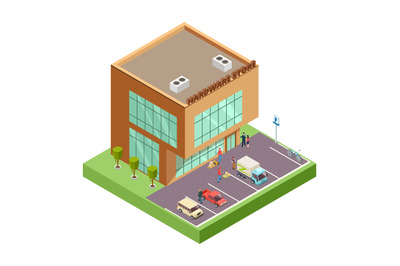 Isometric hardware store. Location with 3D building people parking car