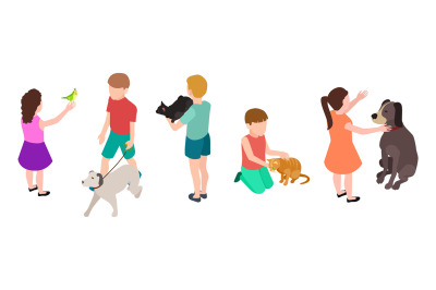 Kids and pets. Pet care concept. Isometric children and dogs&2C; parrot&2C;