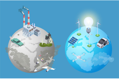 Pollution planet problem. Pollution vs clean earth. Isometric alternat