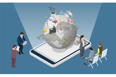 Pollution problems. Earth pollution conference. Isometric planet, fact