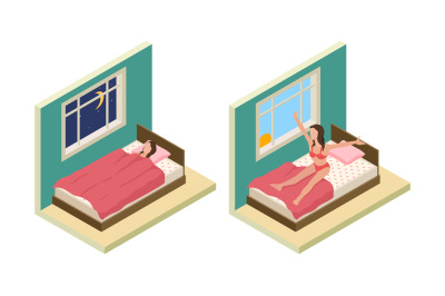 Sleep wake up girl. Isometric bedroom. Vector girl sleep on bed. Good