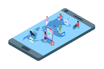 Social media concept. Isometric people with phones, laptop on world ma